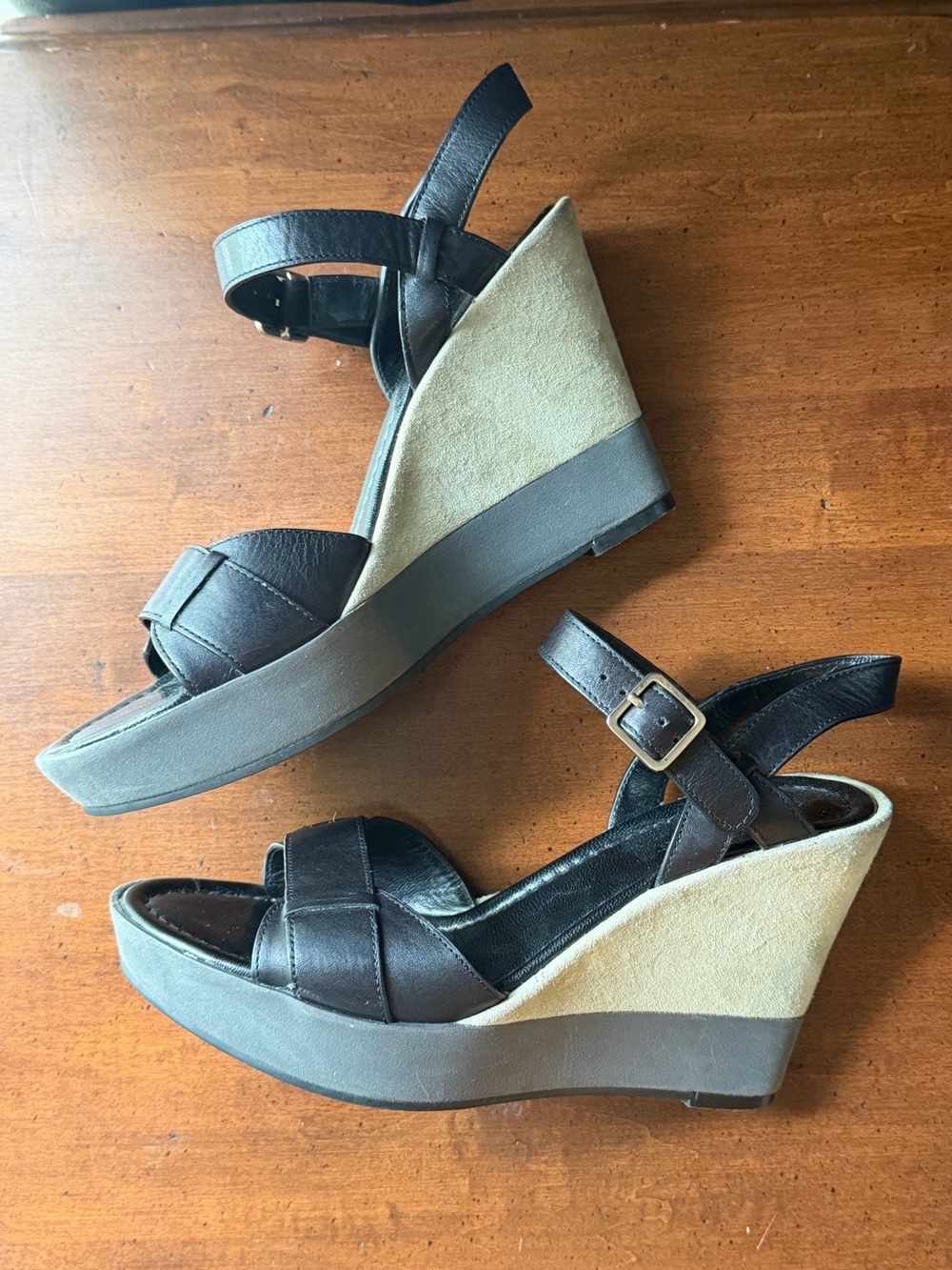 Cole Haan Paley Leather Suede Black Grey Wedge Sandal 4 in Nike Air Sole Size 5